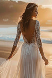 White Long Sleeve Wedding Dress With Appliques
