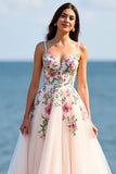 Floral Blush Tulle Wedding Dress with Appliques