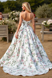 Strapless Floral A Line White Wedding Dress
