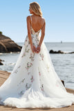 A Line Floral White Wedding Dress with Appliques