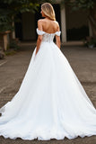 Off The Shoulder A Line White Wedding Dress with Slit