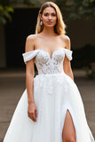Off The Shoulder A Line White Wedding Dress with Slit