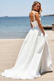 White A Line Long Square Neck Wedding Dress