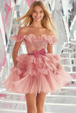 Off The Shoulder Blush A Line Homecoming Dress with Appliques