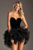 Black Strapless Ruffled Tiered A Line Homecoming Dress