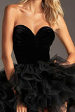 Black Strapless Ruffled Tiered A Line Homecoming Dress