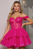 Off The Shoulder Fuchsia Corset Homecoming Dress with Appliques