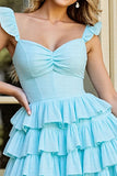Blue Tiered A Line Ruffled Homecoming Dress
