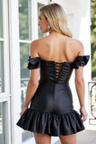 Off The Shoulder A Line Black Homecoming Dress with Ruffles