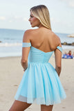 Off The Shoulder Light Blue A Line Ruched Homecoming Dress