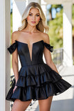 Off The Shoulder Tiered Ruffled Satin Black Homecoming Dress