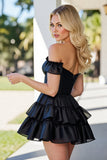 Off The Shoulder Tiered Ruffled Satin Black Homecoming Dress