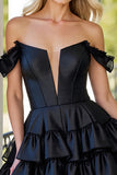 Off The Shoulder Tiered Ruffled Satin Black Homecoming Dress