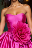 Strapless Fuchsia Satin Homecoming Dress with 3D Flowers