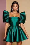 Dark Green Satin Homecoming Dress with Ruffle Sleeves