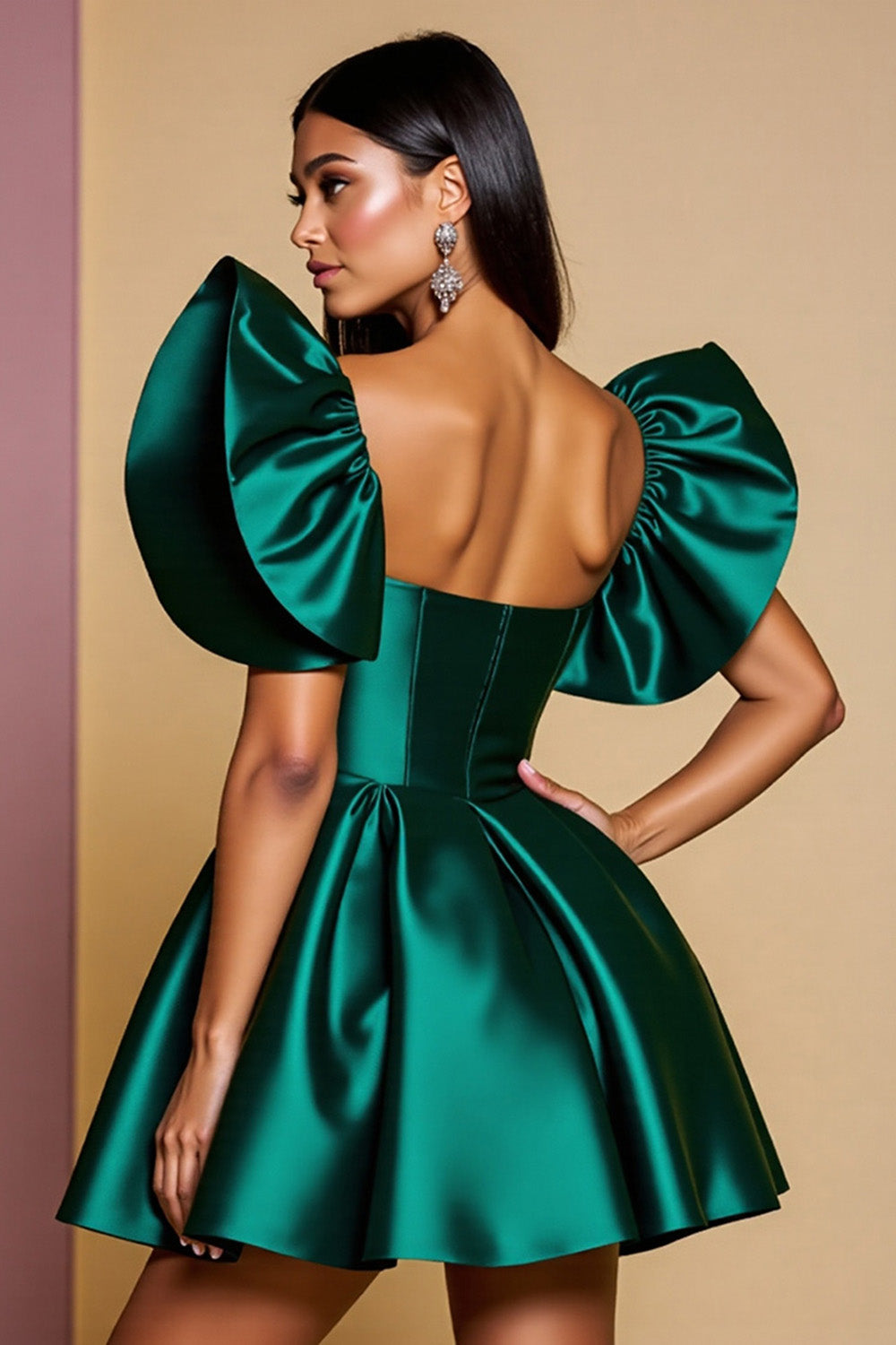 Dark Green Satin Homecoming Dress with Ruffle Sleeves Dark Green Satin Homecoming Dress with Ruffle Sleeves