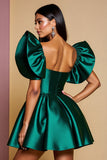 Dark Green Satin Homecoming Dress with Ruffle Sleeves