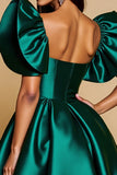 Dark Green Satin Homecoming Dress with Ruffle Sleeves