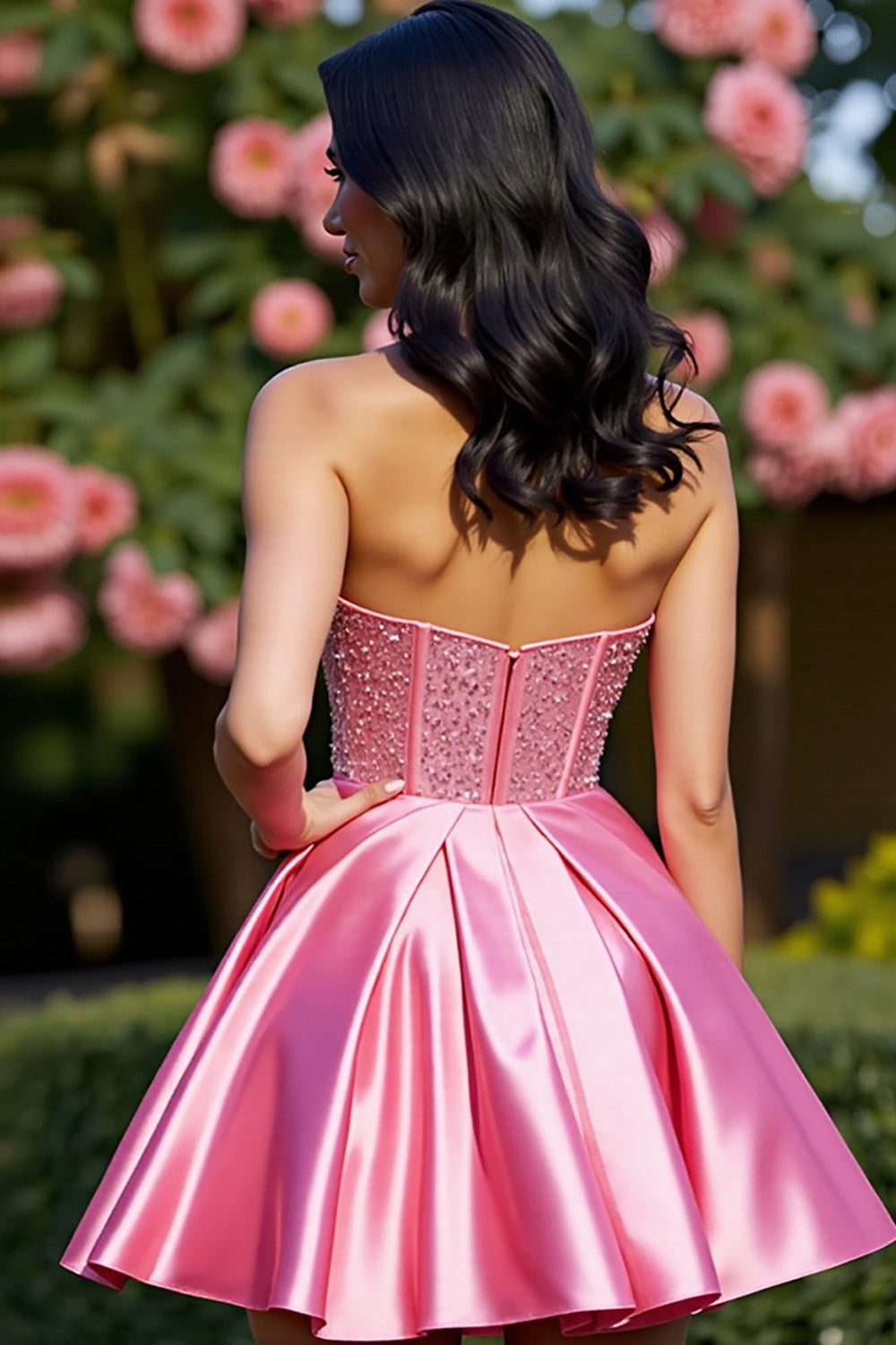 Beaded Strapless A Line Satin Pink Homecoming Dress Beaded Strapless A Line Satin Pink Homecoming Dress