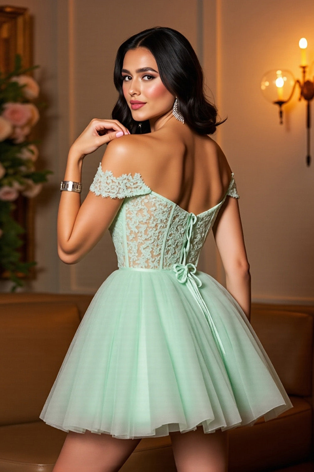 Light Green Off The Shoulder Corset Homecoming Dress with Appliques Light Green Off The Shoulder Corset Homecoming Dress with Appliques