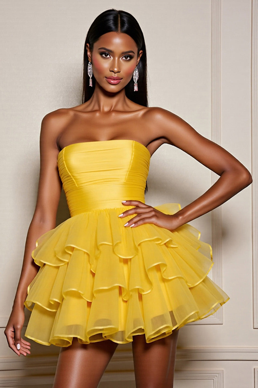 Berylove Women Strapless Homecoming Dress Tiered Ruched Yellow A Line Cocktail Dress Berylove Women Strapless Homecoming Dress Tiered Ruched Yellow A Line Cocktail Dress
