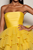 Yellow A Line Tiered Strapless Homecoming Dress