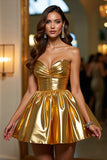Golden Strapless Metallic Ruched Homecoming Dress