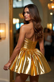 Golden Strapless Metallic Ruched Homecoming Dress
