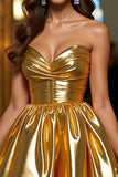 Golden Strapless Metallic Ruched Homecoming Dress