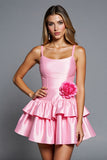 Pink Satin Homecoming Dress with 3D Flower