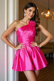 One Shoulder Fuchsia Satin Homecoming Dress