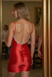 Red Beaded Bodycon Satin Homecoming Dress with Slit