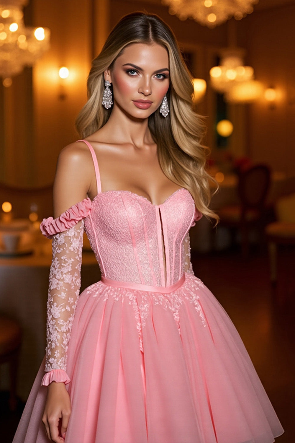 Berylove Women Cold Shoulder Pink Homecoming Dress A Line Appliqued Long Sleeve Cocktail Dress, Pink / US6 Berylove Women Cold Shoulder Pink Homecoming Dress A Line Appliqued Long Sleeve Cocktail Dress, Pink / US6