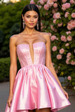 Strapless A Line Satin Pink Homecoming Dress with Beading