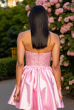 Strapless A Line Satin Pink Homecoming Dress with Beading