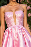 Strapless A Line Satin Pink Homecoming Dress with Beading