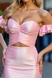 Off The Shoulder Pink Satin Ruffled Homecoming Dress