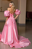 Pink Satin Puff Sleeve Homecoming Dress with Cape