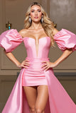 Pink Satin Puff Sleeve Homecoming Dress with Cape