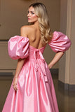 Pink Satin Puff Sleeve Homecoming Dress with Cape