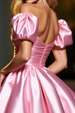 Pink Off The Shoulder A Line Satin Homecoming Dress