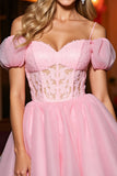 Cold Shoulder Pink A Line Homecoming Dress with Appliques