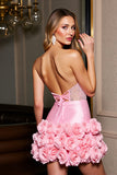 Corset Strapless Pink Sequin Homecoming Dress with 3D Flowers