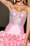 Corset Strapless Pink Sequin Homecoming Dress with 3D Flowers