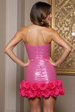 Sparkly Fuchsia Strapless Homecoming Dress with 3D Flowers