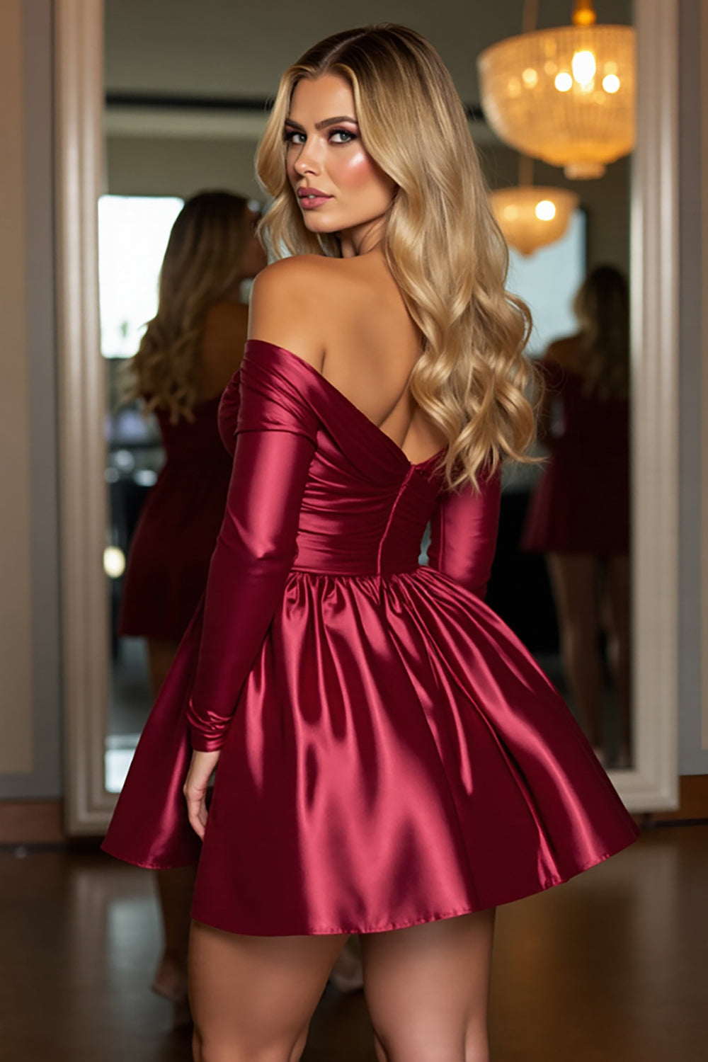 Berylove Women Burgundy Homecoming Dress with Sequins Off The Shoulder A Line Satin Long Sleeve Cocktail Dress Berylove Women Burgundy Homecoming Dress with Sequins Off The Shoulder A Line Satin Long Sleeve Cocktail Dress