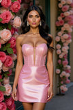 Pink Strapless Satin Corset Homecoming Dress