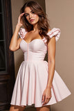 A Line Light Pink Homecoming Dress with Ruffle Sleeves