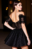 Off The Shoulder Black Appliqued A Line Homecoming Dress