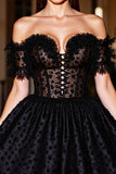 Off The Shoulder Black Appliqued A Line Homecoming Dress